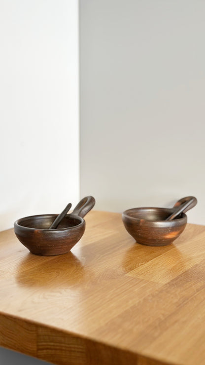 Terracotta Unglazed Handled Bowls with Spoons – Set of 2 | Handmade Pomaire Pottery