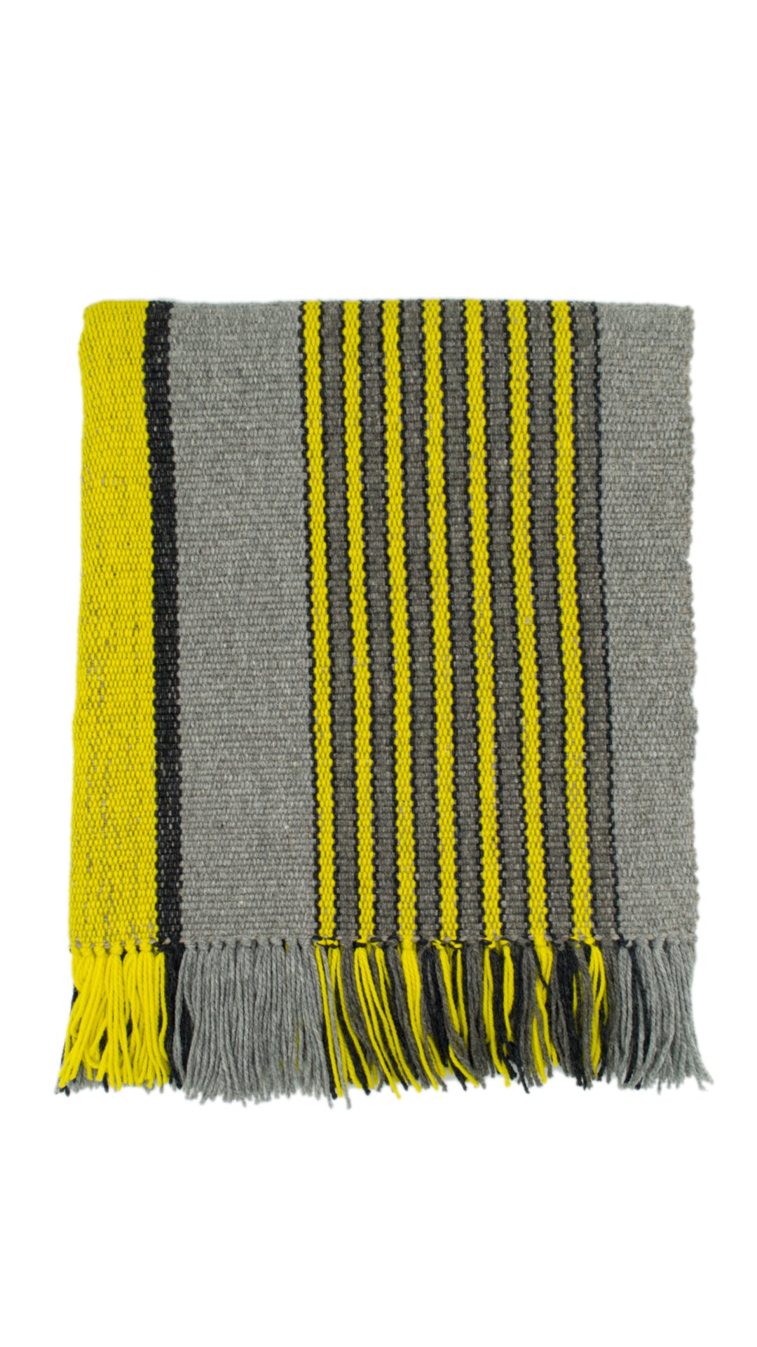 Ranco Slate and Citrus wool throw rug laid flat showing bold stripe pattern and hand-knotted fringe