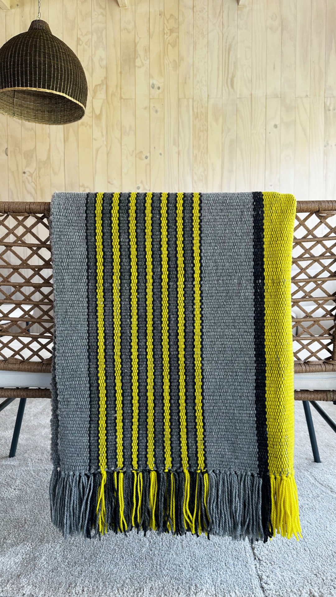 Ranco wool throw rug Slate and Citrus – handwoven on Witral loom by Eduardo Calisto, Lago Ranco Chile
