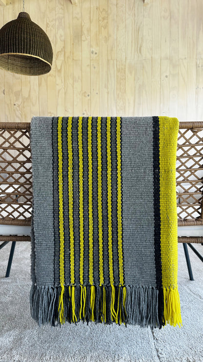 Ranco wool throw rug Slate and Citrus – handwoven on Witral loom by Eduardo Calisto, Lago Ranco Chile