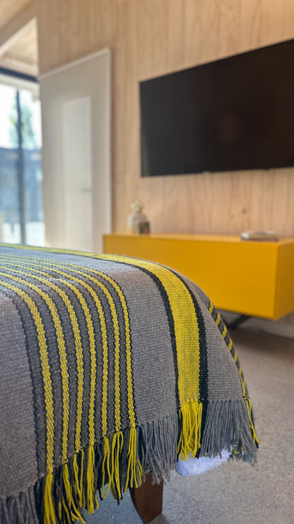 Ranco Slate and Citrus wool throw rug folded showing stripe pattern – Patagonia lake district inspiration