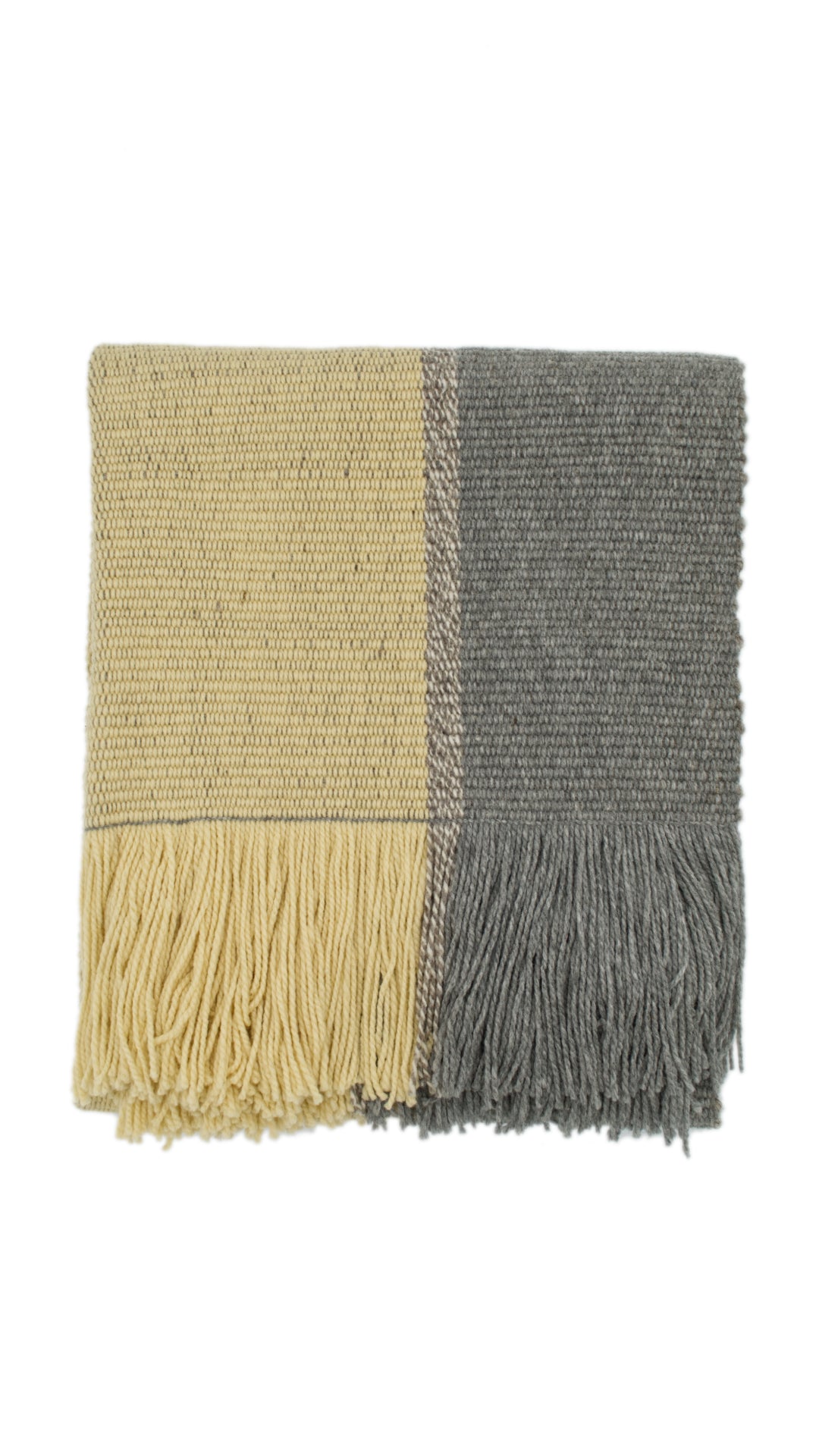 Ranco Dune and Stone wool throw laid flat showing two-tone sand and grey panels – Andean Home