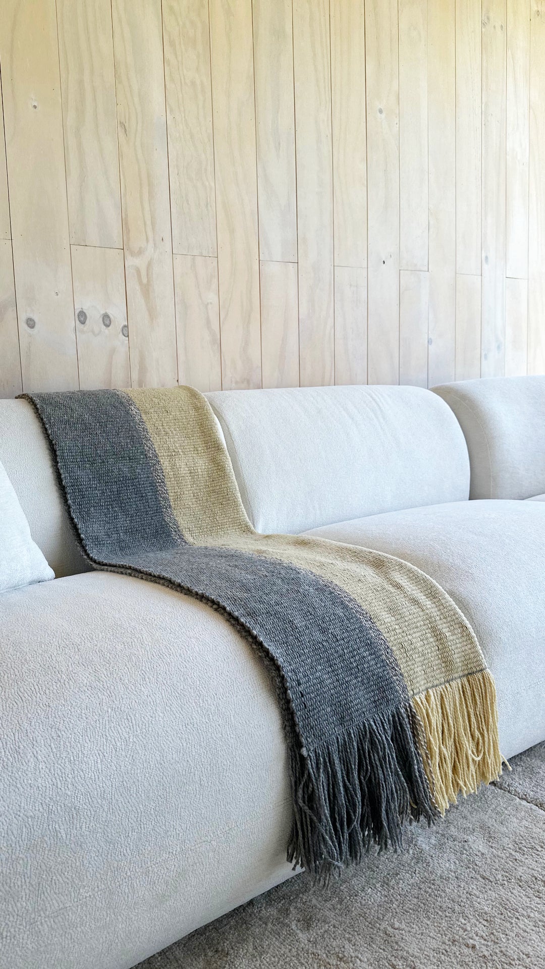 Ranco wool throw rug Dune and Stone – handwoven on Witral loom by Eduardo Calisto, Lago Ranco Chile