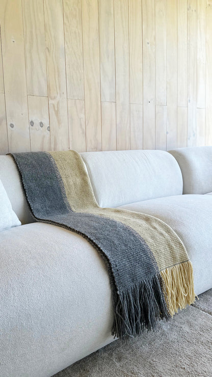 Ranco wool throw rug Dune and Stone – handwoven on Witral loom by Eduardo Calisto, Lago Ranco Chile