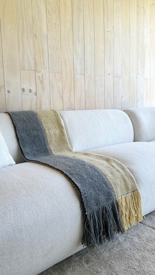 Ranco wool throw rug Dune and Stone – handwoven on Witral loom by Eduardo Calisto, Lago Ranco Chile