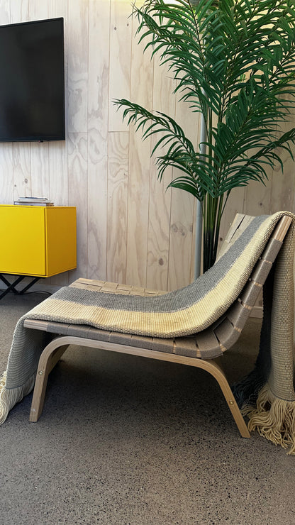 Ranco Dune and Stone wool rug styled on floor showing full length – 85 x 170cm, Andean Home