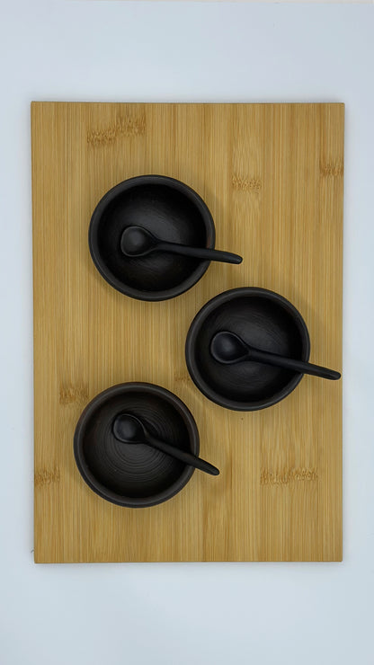 Terracotta Unglazed Mini Sauce Bowls with Spoons – Set of 3 | Handmade Pomaire Pottery