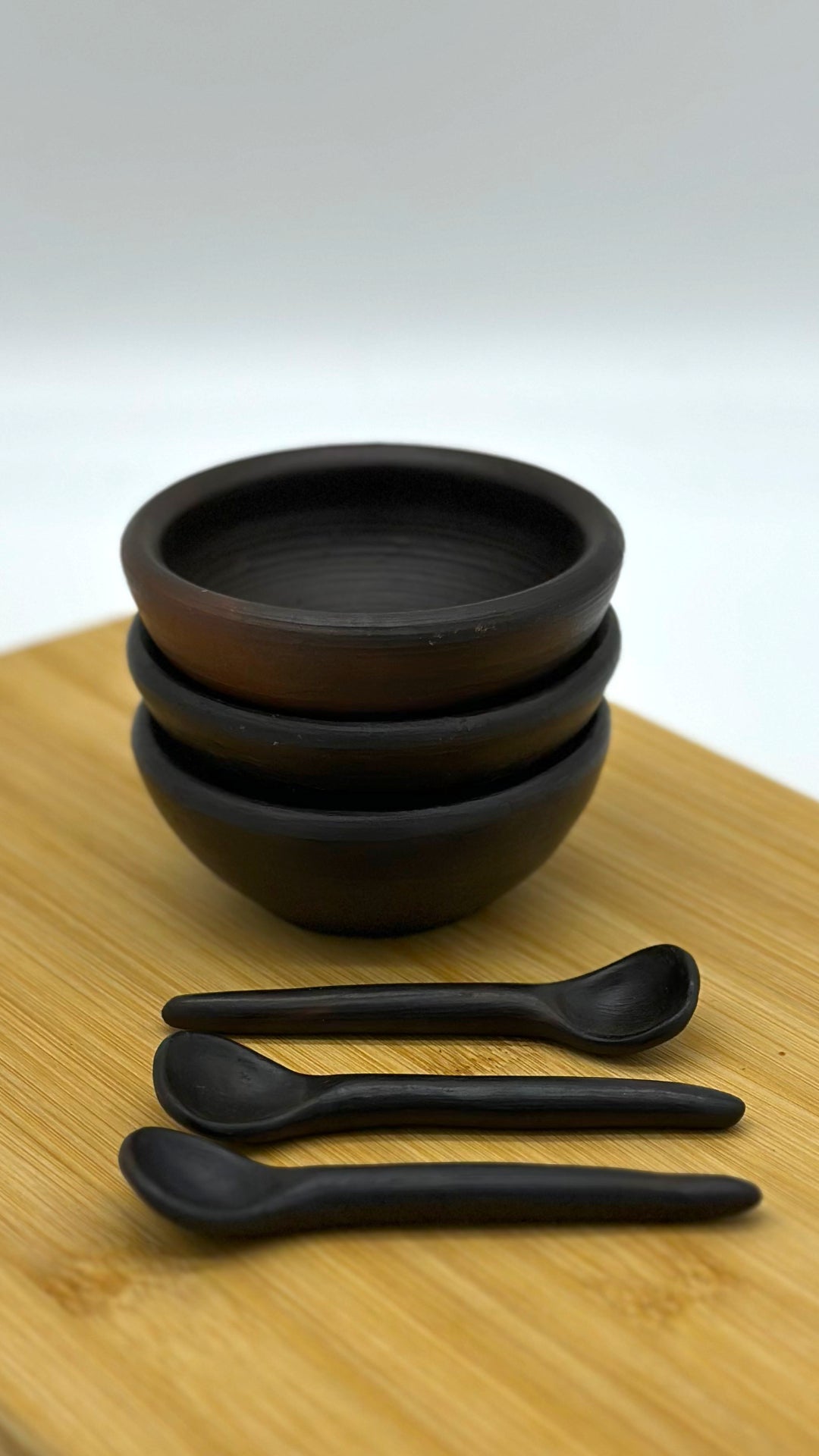 Terracotta Unglazed Mini Sauce Bowls with Spoons – Set of 3 | Handmade Pomaire Pottery
