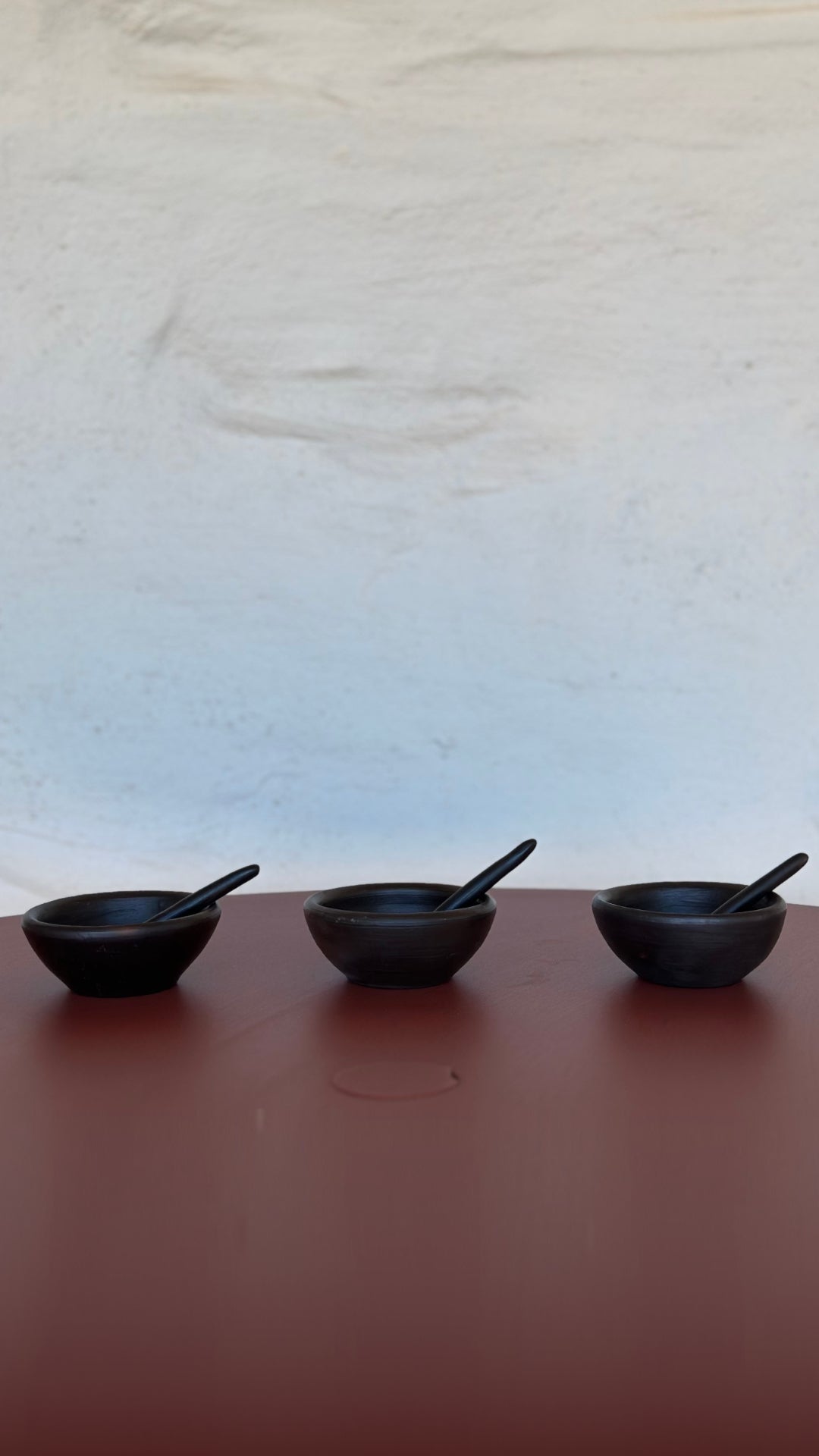 Terracotta Unglazed Mini Sauce Bowls with Spoons – Set of 3 | Handmade Pomaire Pottery