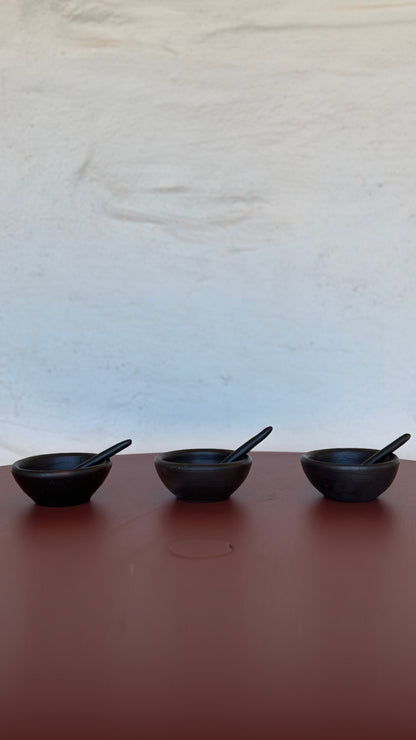Terracotta Unglazed Mini Sauce Bowls with Spoons – Set of 3 | Handmade Pomaire Pottery