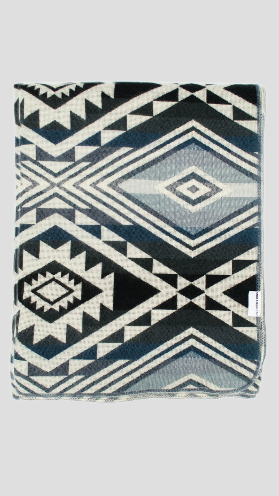 Teal and grey handwoven alpaca throw blanket with Andean geometric pattern – 230x200cm, made in Ecuador