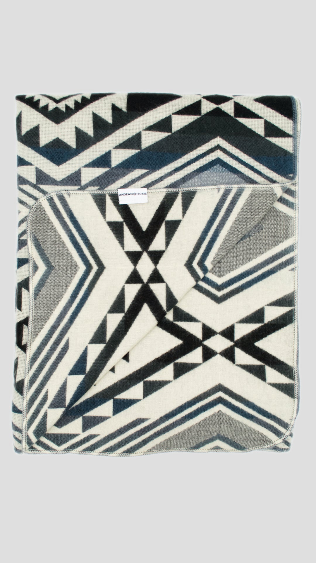 Close-up of teal and grey alpaca throw blanket showing detailed Pre-Columbian geometric weave